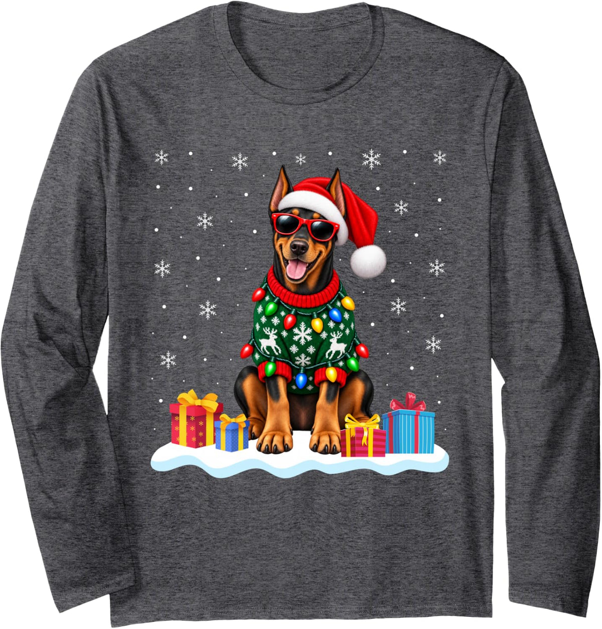 Doberman Pinscher Christmas Sweater Santa Hat Xmas Pet Dog Long Sleeve T-Shirt - Adult Unisex Dark Heather Grey