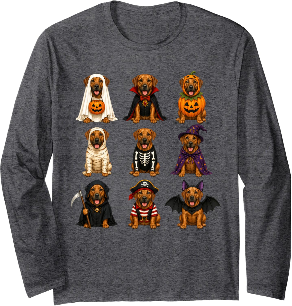 Halloween Rhodesian Ridgeback Squad Pumpkin Vampire Mummy Long Sleeve T-Shirt - Adult Unisex Dark Heather Grey