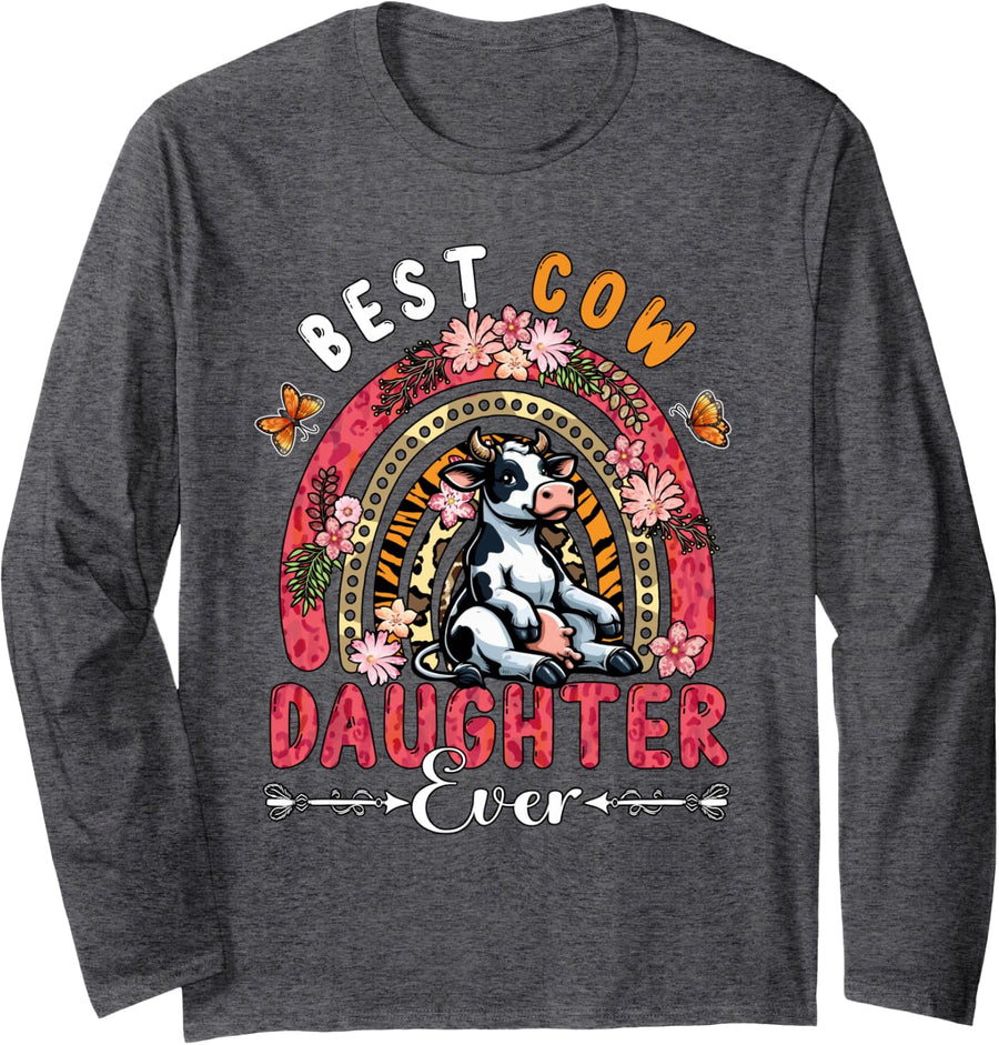 Best Cow Daughter Ever Mother's Day Flowers Rainbow Farm Long Sleeve T-Shirt - Adult Unisex Dark Heather Grey