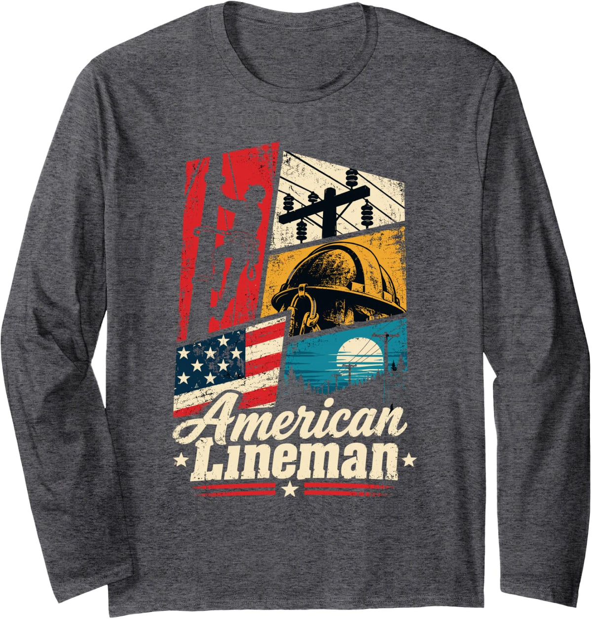 American Lineman Us Flag Power Lineman Long Sleeve T-Shirt - Adult Unisex Dark Heather Grey
