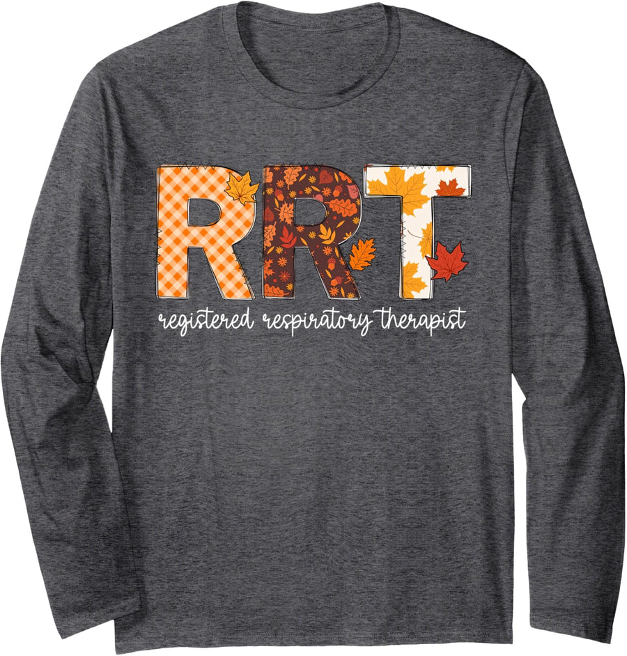 RRT Registered Respiratory Therapist Fall Leaf Thanksgiving Long Sleeve T-Shirt - Adult Unisex Dark Heather Grey