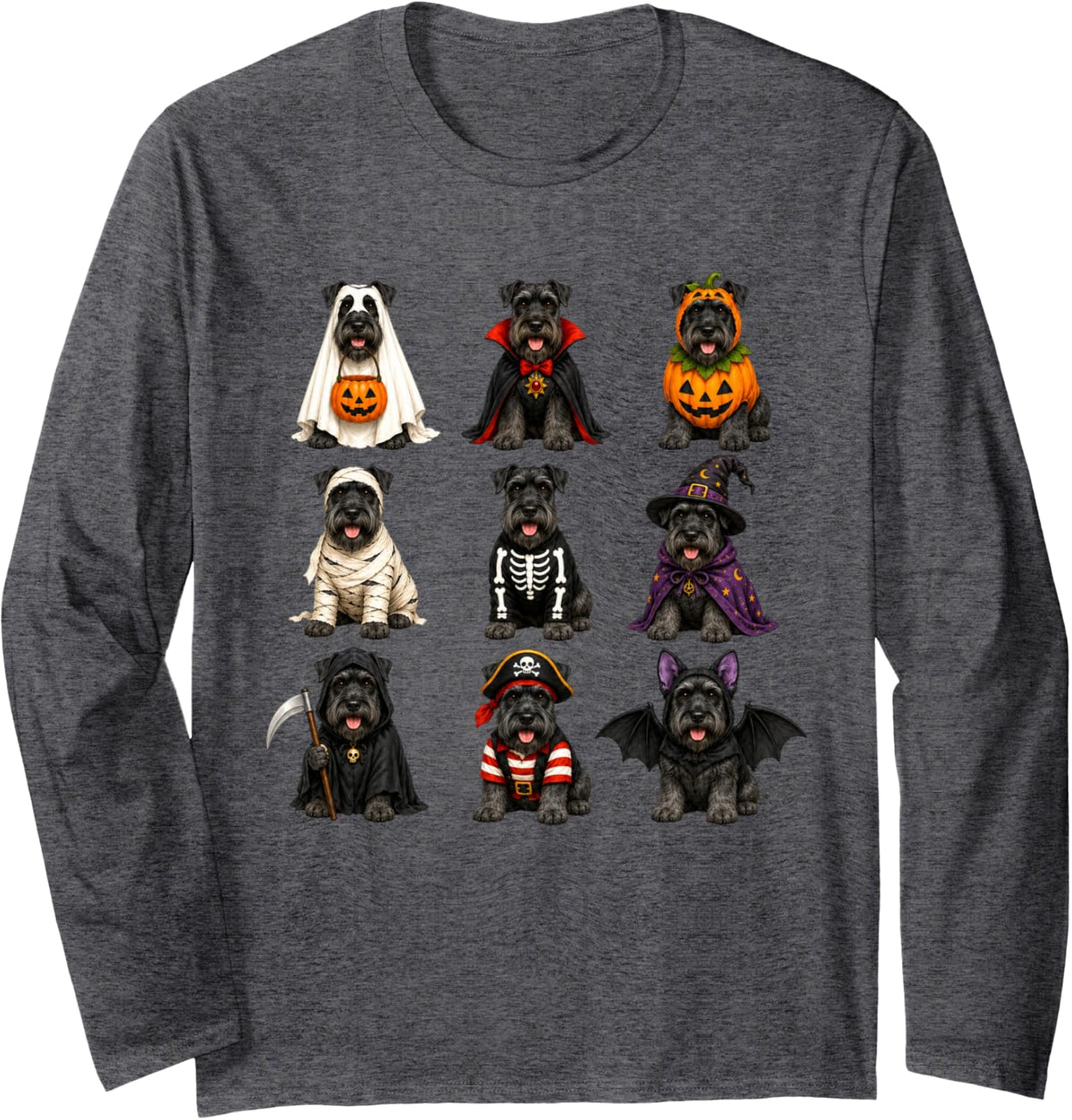 Halloween Giant Schnauzer Squad Pumpkin Vampire Mummy Witch Long Sleeve T-Shirt - Adult Unisex Dark Heather Grey
