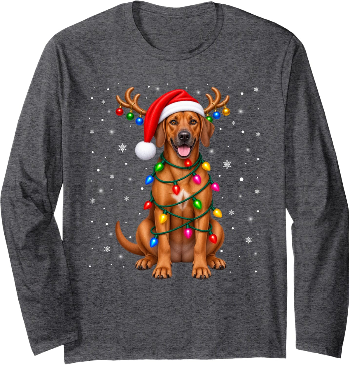 Rhodesian Ridgeback Christmas Tree Lights Sweater Pet Dogs Long Sleeve T-Shirt - Adult Unisex Dark Heather Grey