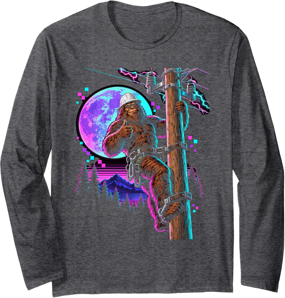 Funny Bigfoot Lineman Long Sleeve T-Shirt - Adult Unisex Dark Heather Grey