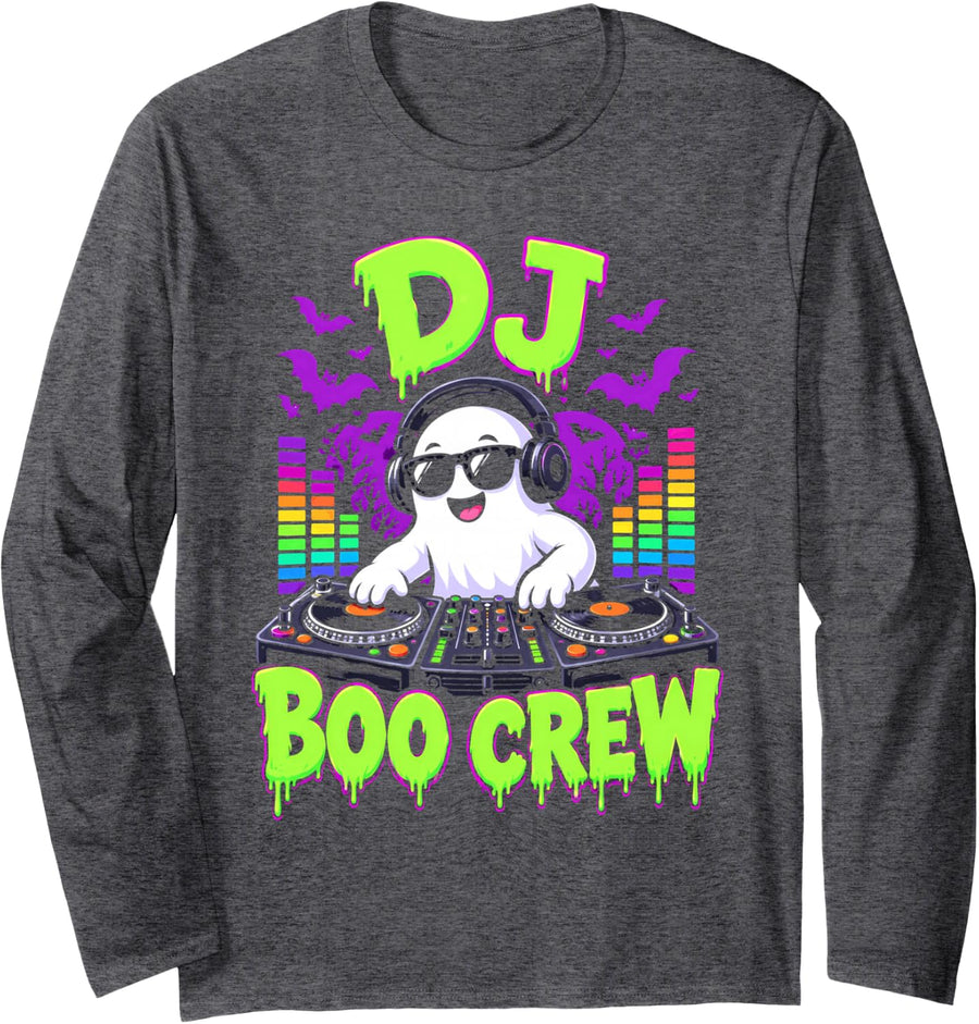 DJ Boo Crew Funny Ghost Turntable Halloween Design Long Sleeve T-Shirt - Adult Unisex Dark Heather Grey