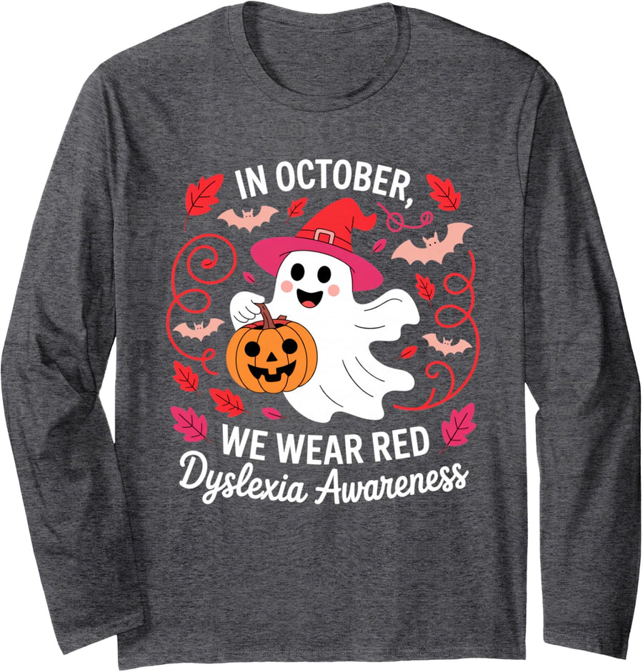 in October We Wear Red Dyslexia Awareness Ghost Long Sleeve T-Shirt - Adult Unisex Dark Heather Grey