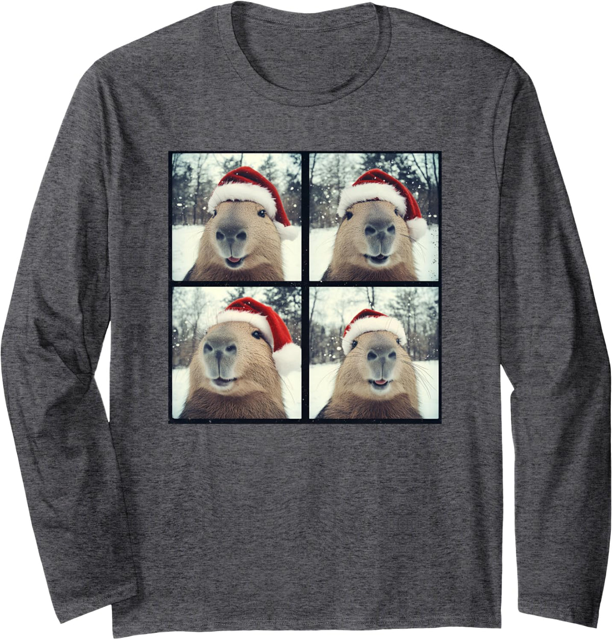 Capybara Selfie Christmas Photobooth Long Sleeve T-Shirt - Adult Unisex Dark Heather Grey