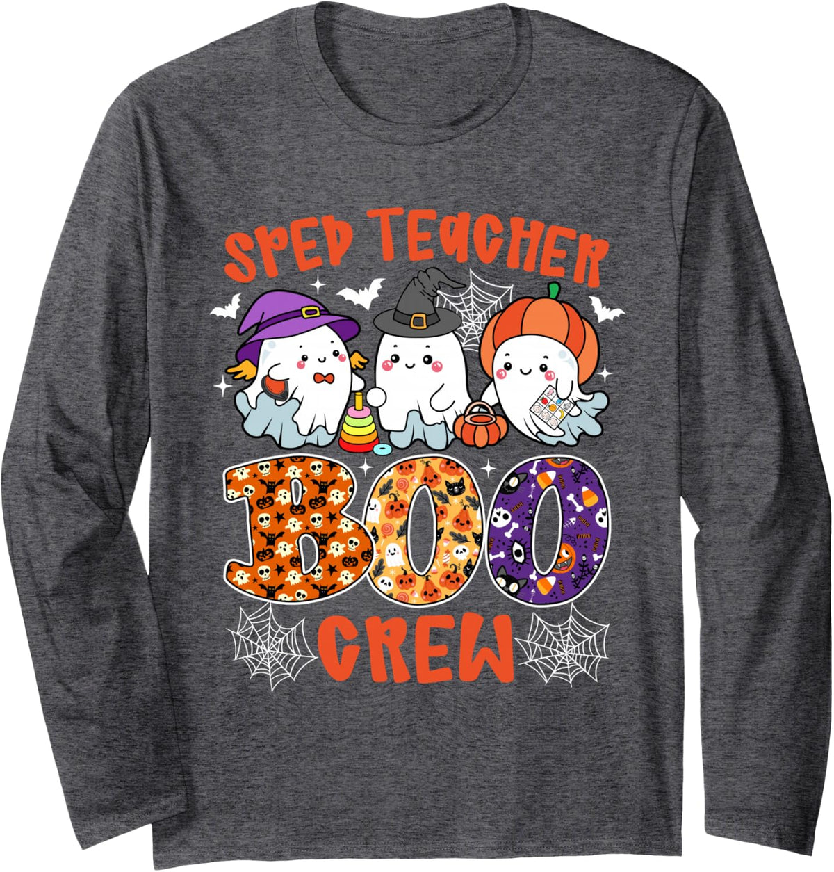SPED Teacher Boo Crew Ghost Pumpkin Funny Halloween Long Sleeve T-Shirt - Adult Unisex Dark Heather Grey