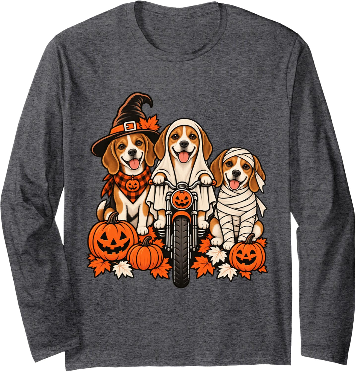 Fall Ghost Beagle Dog Motorcycle Lovers Halloween Long Sleeve T-Shirt - Adult Unisex Dark Heather Grey