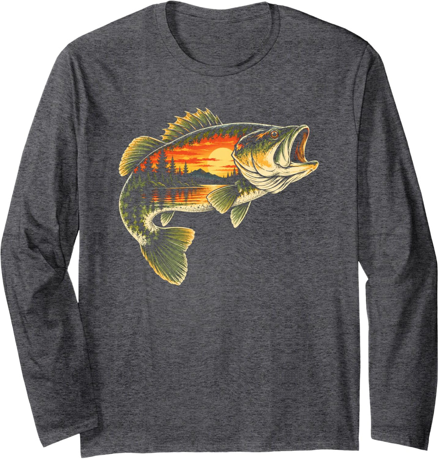 Bass Fish Fishing Fly Fishing Angler Fisherman Long Sleeve T-Shirt - Adult Unisex Dark Heather Grey