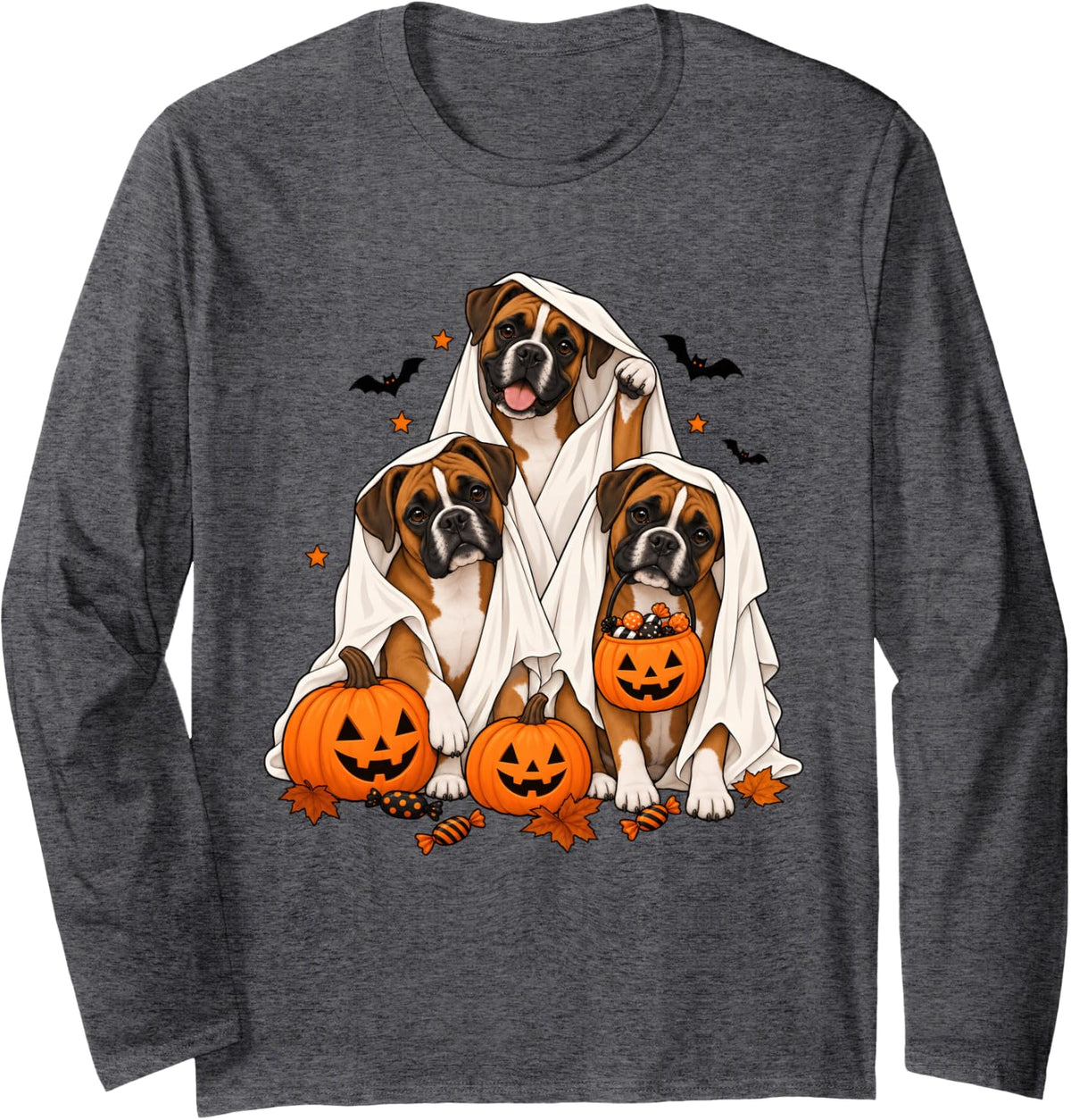Cute Ghost Boxer Dogs and Pumpkins Dog Lover Halloween Long Sleeve T-Shirt - Adult Unisex Dark Heather Grey