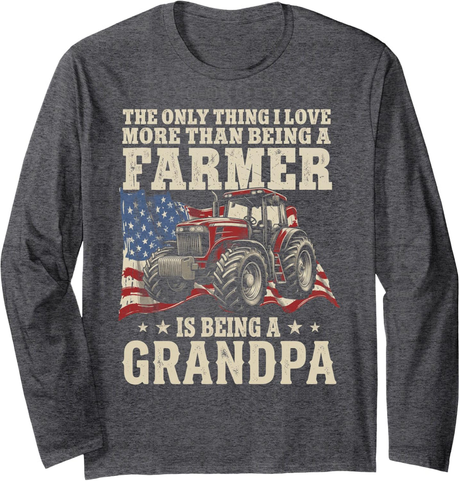 Farming Farmer Grandpa Vintage Tractor American Flag Farm Long Sleeve T-Shirt - Adult Unisex Dark Heather Grey