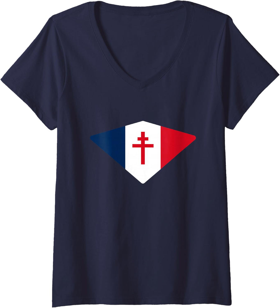 Women's French Flag with Cross of Lorraine V-Neck T-Shirt - Navy Blue
