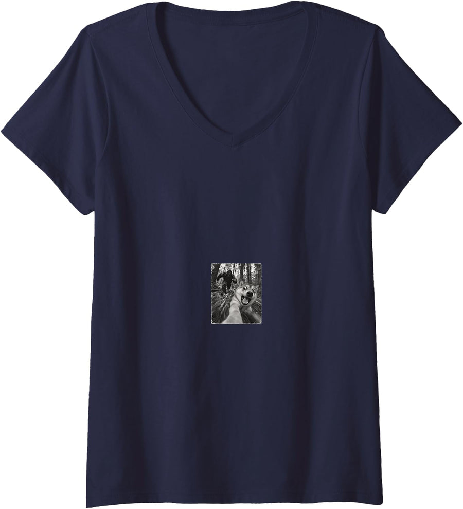 Women's Vintage Bigfoot Running After Shiba Inu Selfie Animal V-Neck T-Shirt - Navy Blue