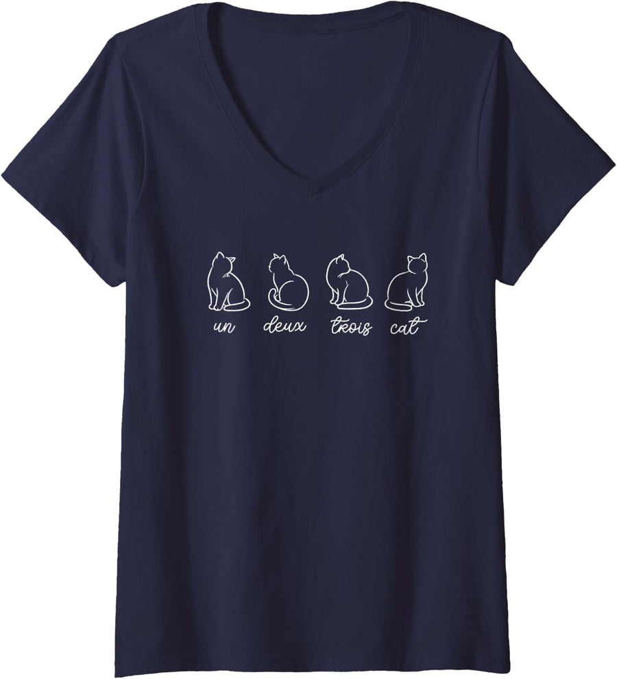 Women's French Un Deux Trois Cat, Counting, Minimalist, Cat Lover V-Neck T-Shirt - Navy Blue