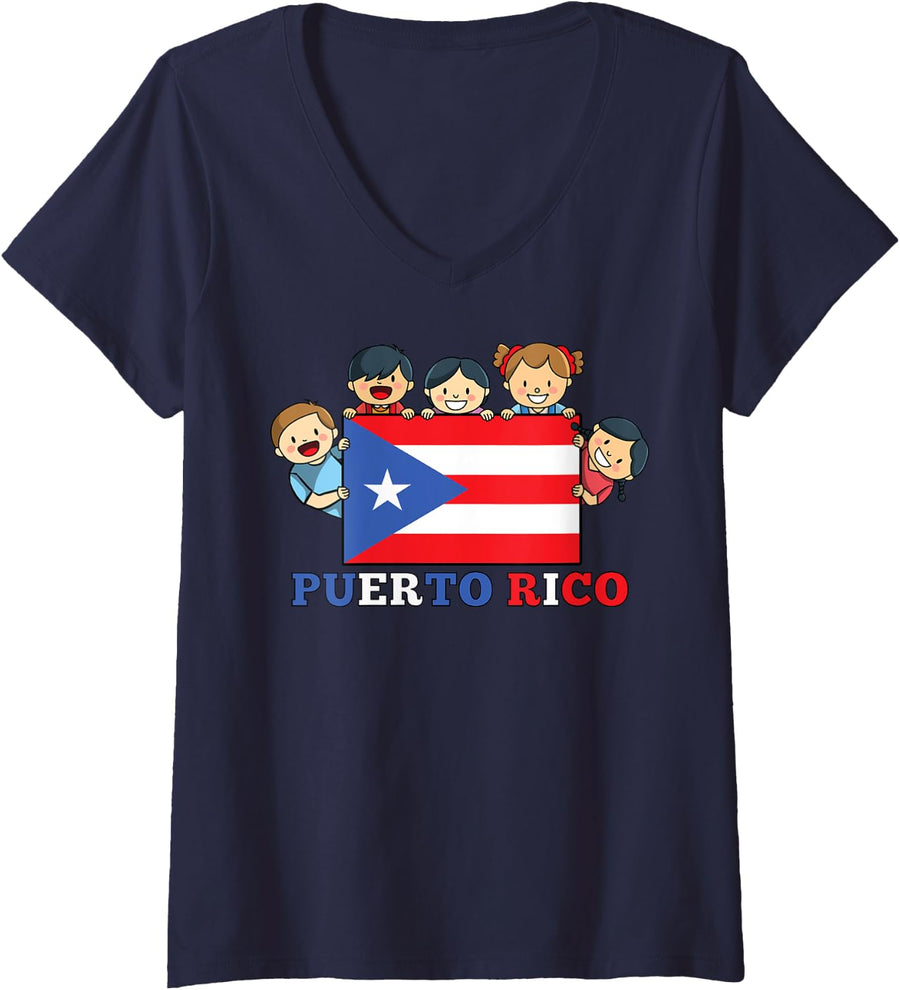 Womens Kids Puerto Rico Flag Hispanic Heritage Month Puerto Rican V-Neck T-Shirt - Navy Blue