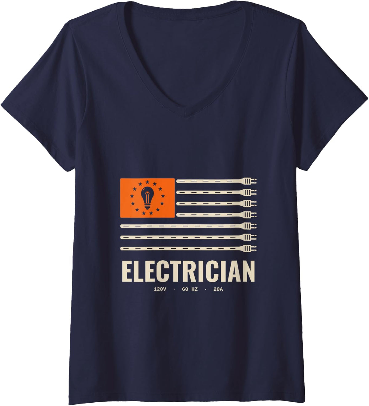 Women's Electrician American Flag Electrical Lineman Graphic V-Neck T-Shirt - Navy Blue