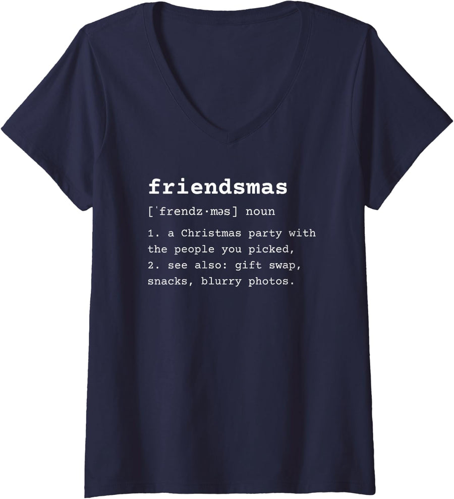 Women's Friendsmas Definition Funny Christmas Party Gift V-Neck T-Shirt - Navy Blue