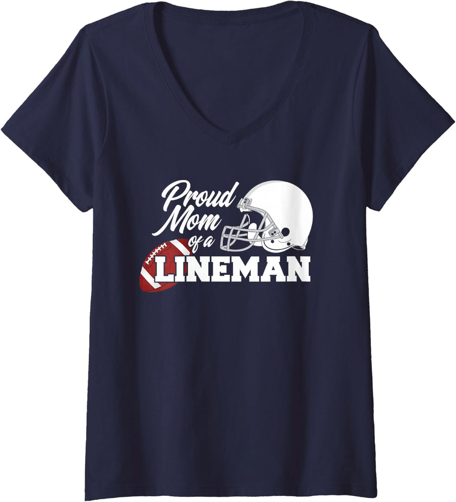 Womens Proud Mom of a Lineman - Offensive Defensive - Football V-Neck T-Shirt - Navy Blue