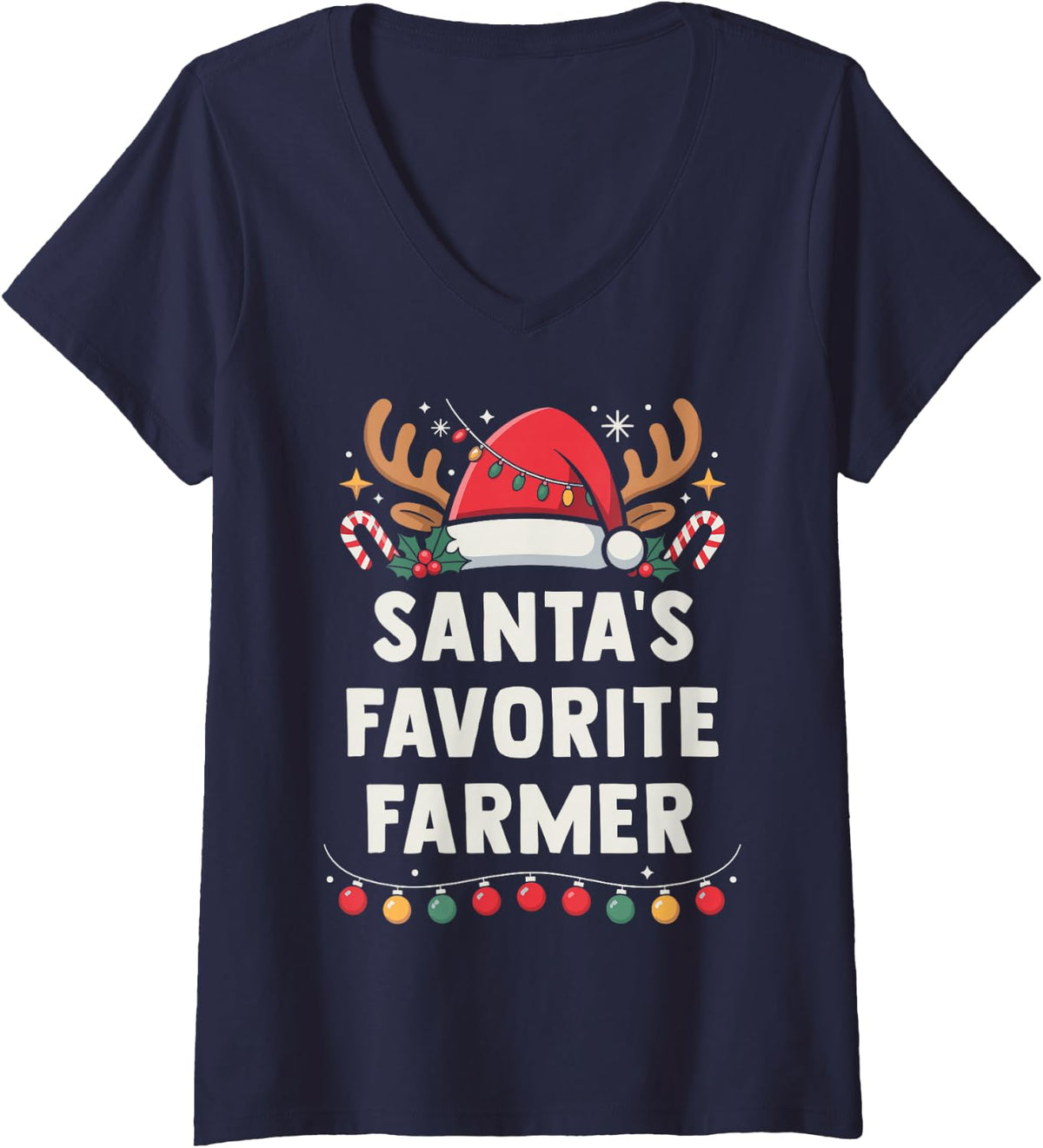 Women's Santa's Favorite Farmer Funny Holiday Christmas Pajamas V-Neck T-Shirt - Navy Blue