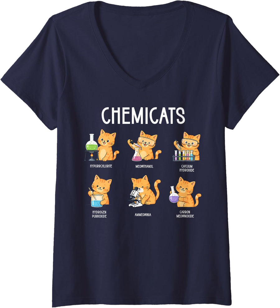 Women's Chemicats Funny Cat Chemistry Science Nerd Physics Humor V-Neck T-Shirt - Navy Blue