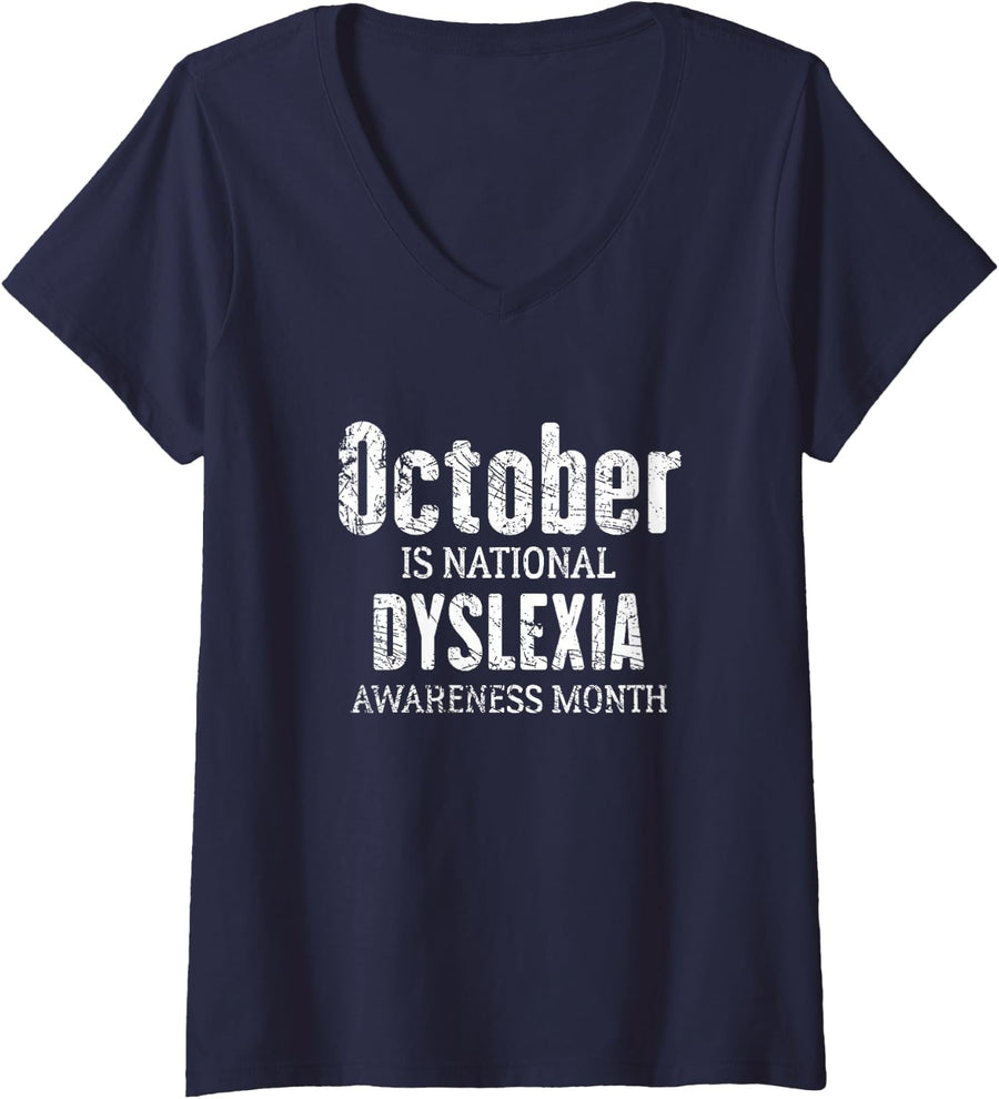 Women's October is National Dyslexia Awareness Month V-Neck T-Shirt - Navy Blue