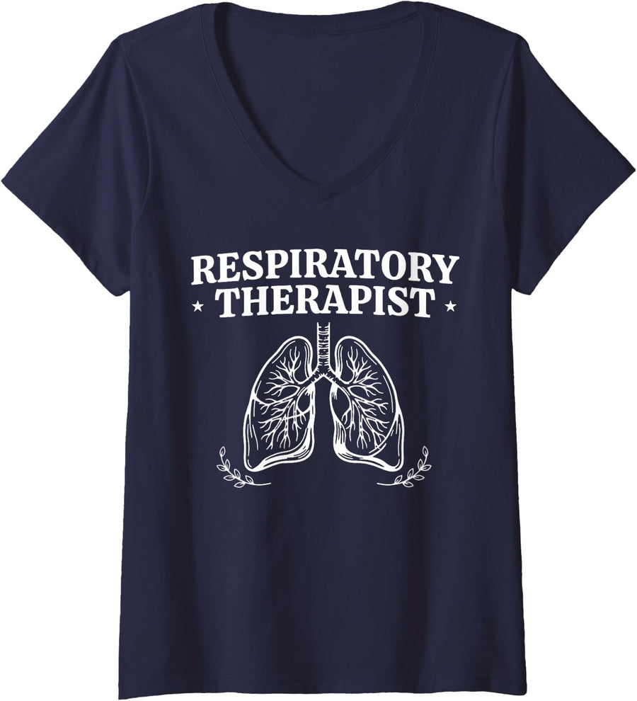 Women's Funny Respiratory Therapist Lung Care Breathing Specialist V-Neck T-Shirt - Navy Blue