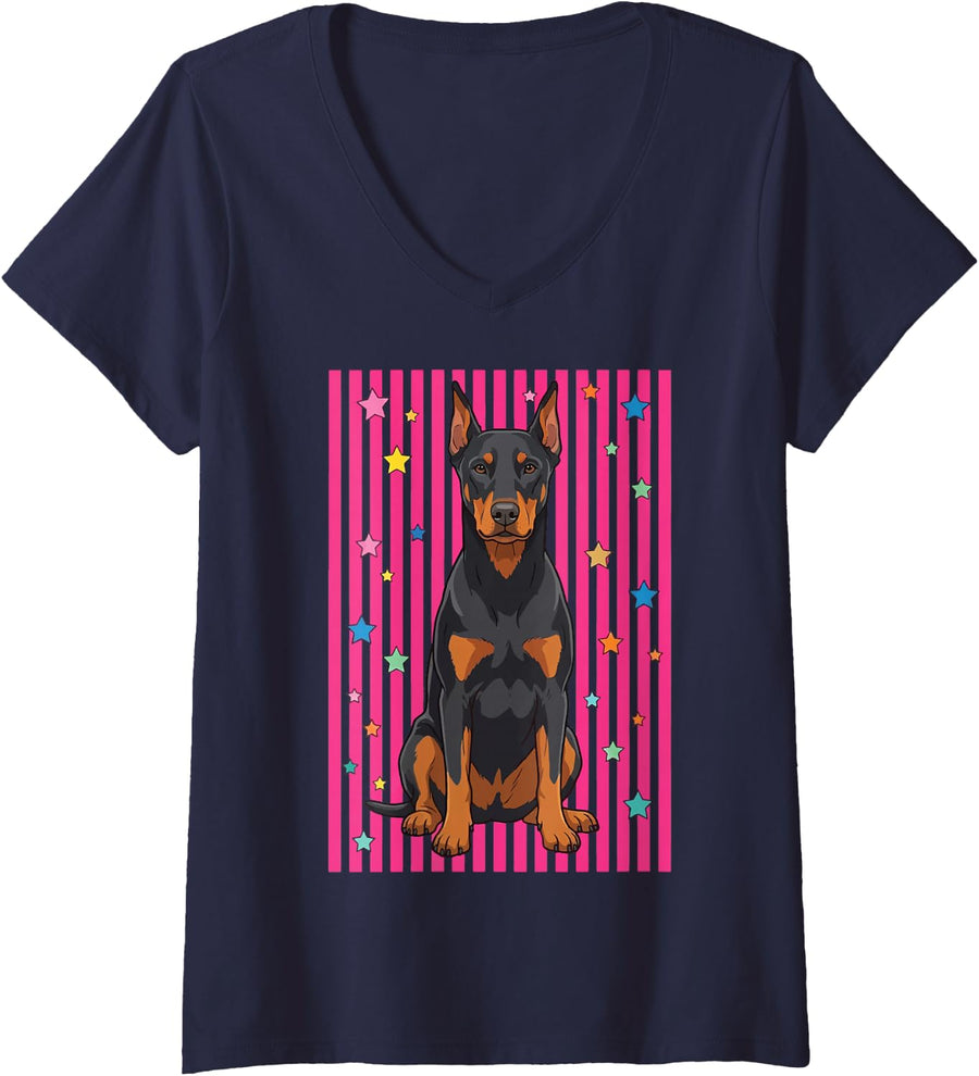 Women's Doberman Summer V-Neck T-Shirt - Navy Blue