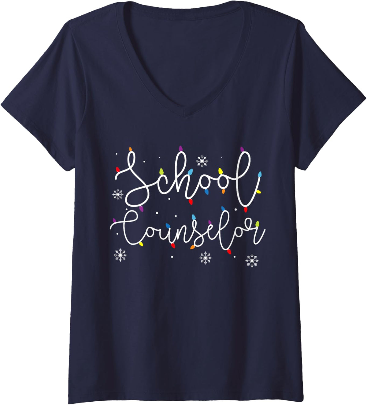 Women's Cute Christmas School Counselor Squad X-mas Light Festive V-Neck T-Shirt - Navy Blue