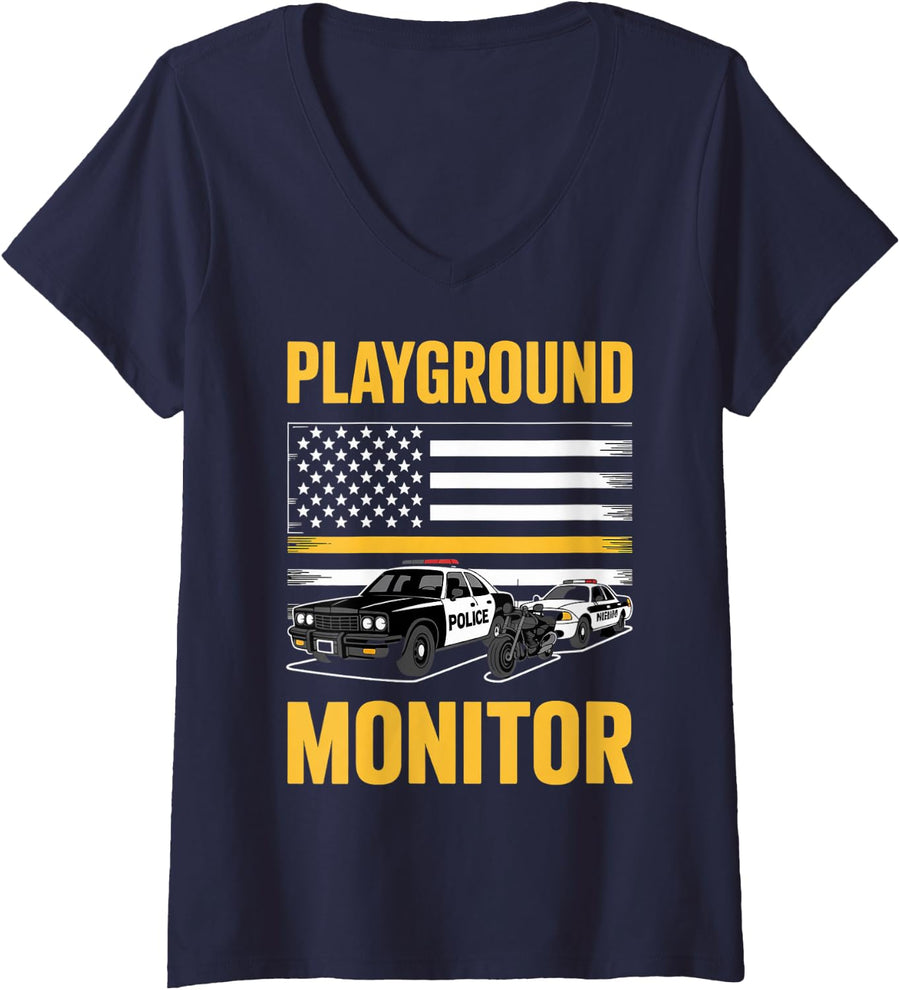 Womens Playground Monitor Emergency Responder Yellow 911 Dispatcher V-Neck T-Shirt - Navy Blue