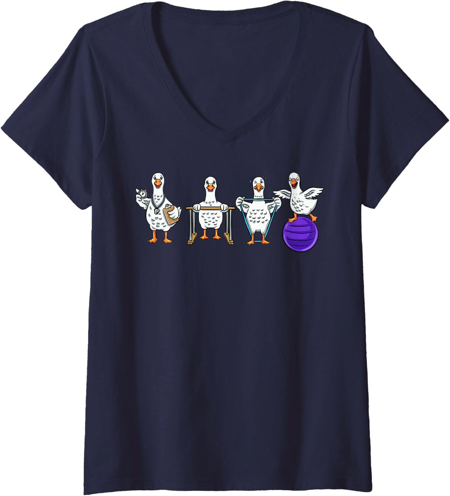 Women's Physical Therapy Silly Therapist Goose Funny PT PTA Rehab V-Neck T-Shirt - Navy Blue