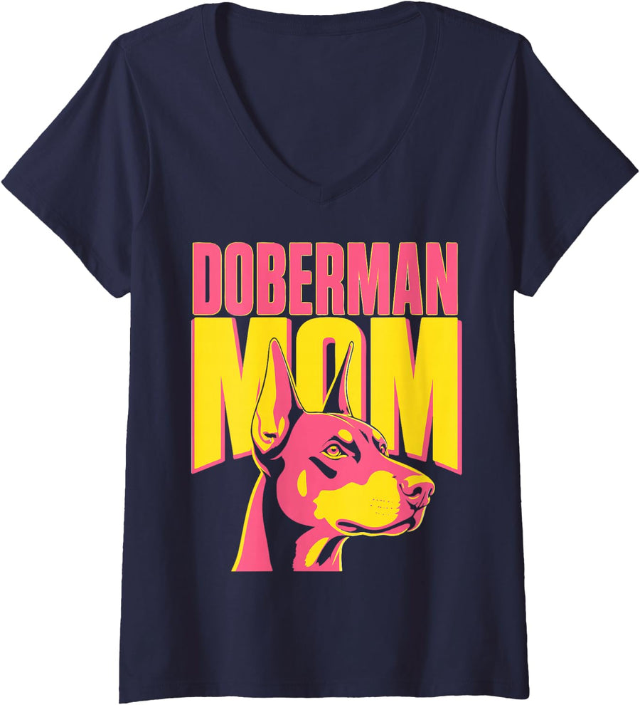 Women's Girl Doberman Mom Woman Doberman Pinscher V-Neck T-Shirt - Navy Blue
