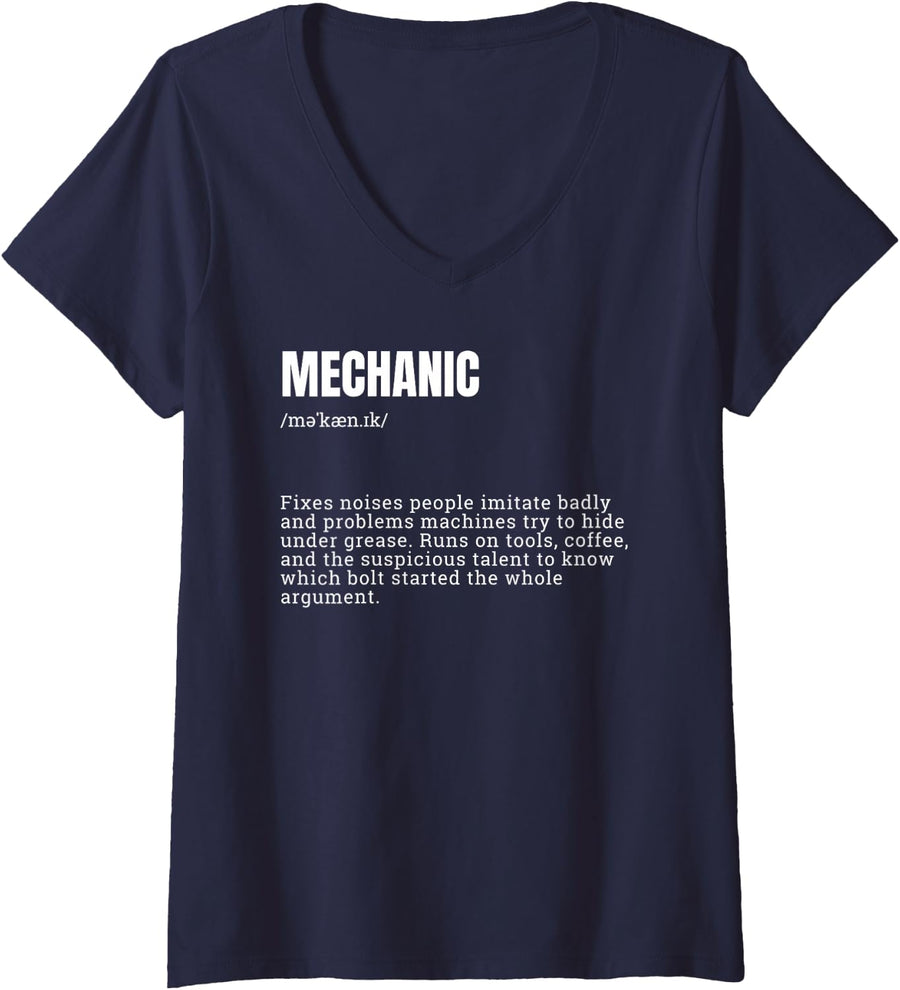 Women's Funny Mechanic Definition Automotive Repair Tech V-Neck T-Shirt - Navy Blue