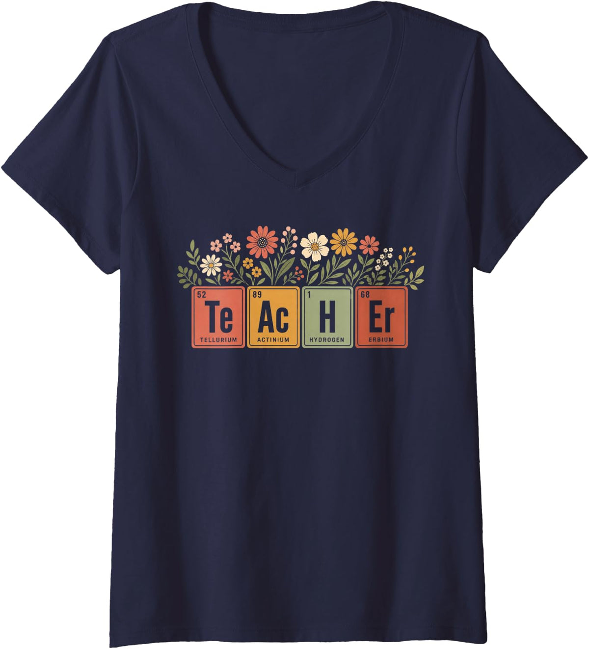 Women's Teacher Periodic Table Floral Science Nerd Retro Chemistry V-Neck T-Shirt - Navy Blue