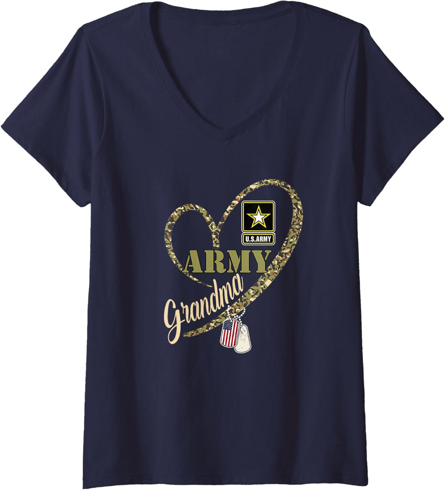 Womens Proud Grandma Clothing Funny Military Heart Camouflage V-Neck T-Shirt - Navy Blue