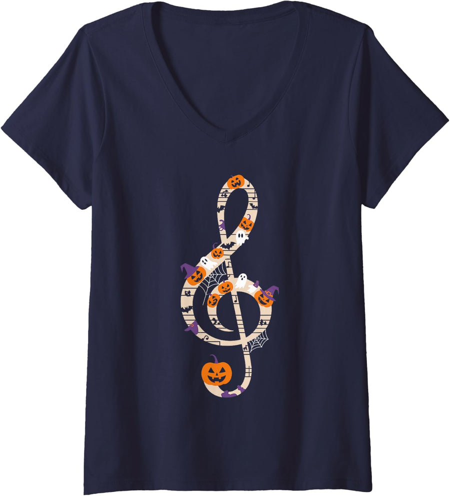 Women's Halloween Treble Clef Music Teacher Design V-Neck T-Shirt - Navy Blue