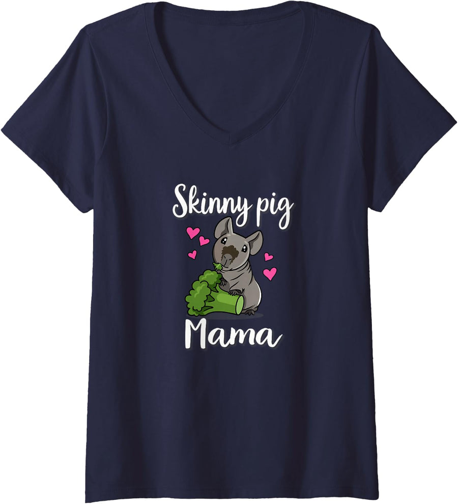Women's Womens Girls Skinny Pig Mama Mom Hairless Guinea Pig Lover V-Neck T-Shirt - Navy Blue