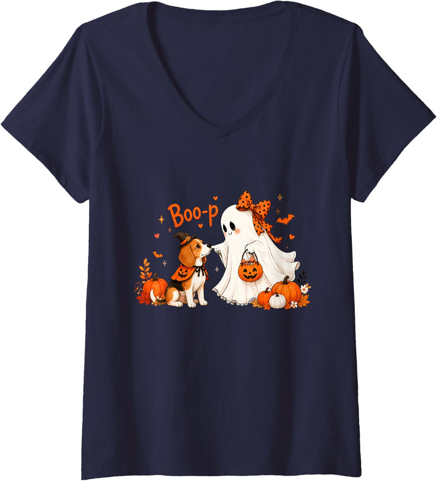 Women's Beagle Boo Boo-p Ghost Nose Boop Halloween Dog Lover V-Neck T-Shirt - Navy Blue