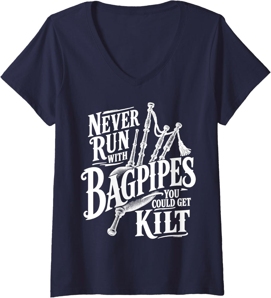 Women's Vintage Bagpipe Humor Scottish Highland Music Piper V-Neck T-Shirt - Navy Blue