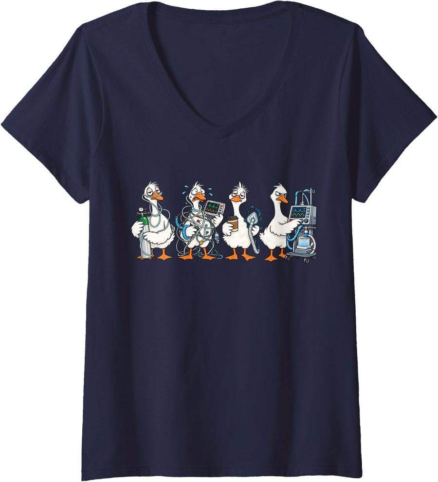 Women's Respiratory Therapist RT Tired Goose Respiratory Care Crew V-Neck T-Shirt - Navy Blue