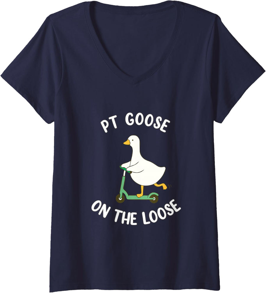 Women's PT Goose on the Loose Physical Therapist Humor V-Neck T-Shirt - Navy Blue