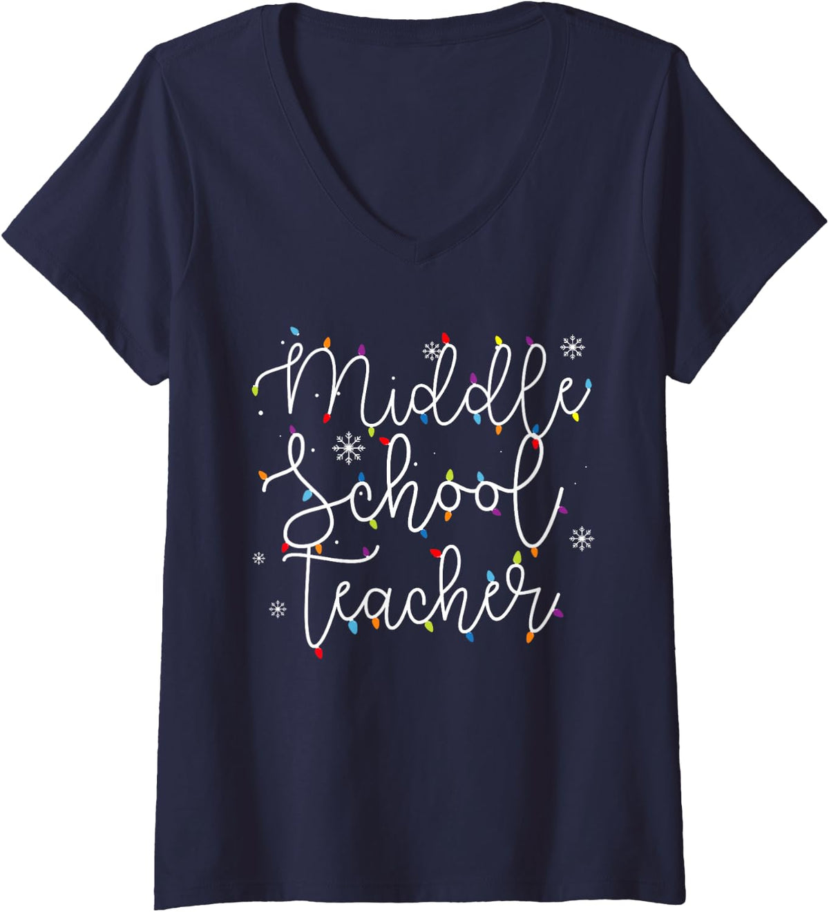 Women's Cute Christmas Middle School Teacher X-mas Light Festive V-Neck T-Shirt - Navy Blue