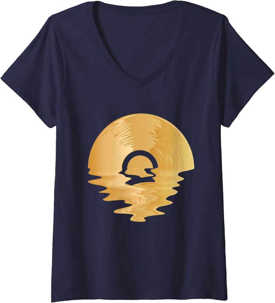 Women's Love Vinyl Record Old School Music Player Turntable DJ V-Neck T-Shirt - Navy Blue