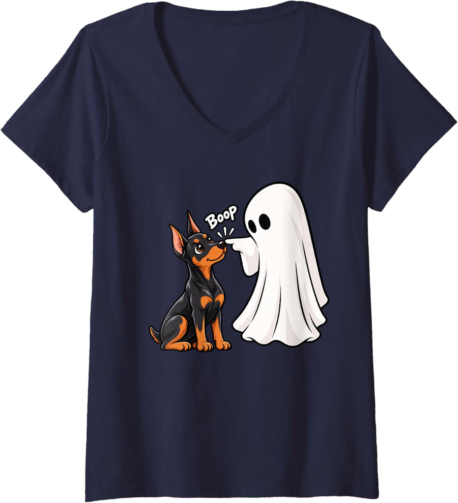Women's Funny Ghost Doberman Pinscher Boop Halloween Dog Lover V-Neck T-Shirt - Navy Blue