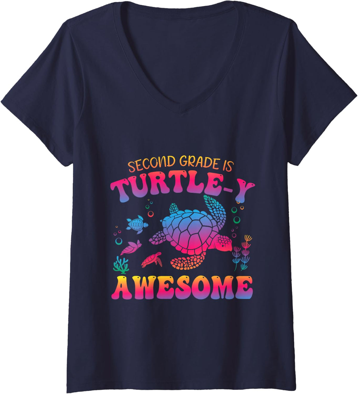 Women's Back to School Tie Dye Turtle 2nd Grade Teacher Kids V-Neck T-Shirt - Navy Blue