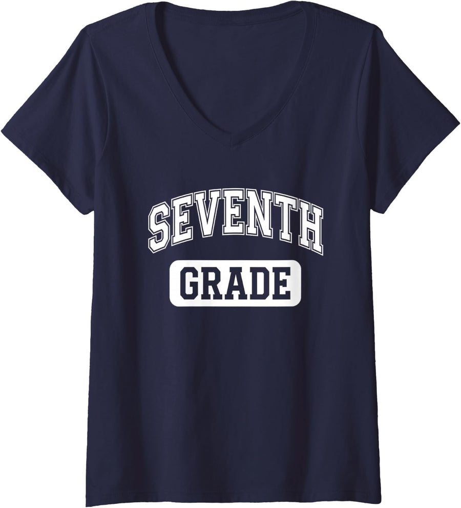 Women's Seventh Grade Back to School Student Teacher Varsity V-Neck T-Shirt - Navy Blue