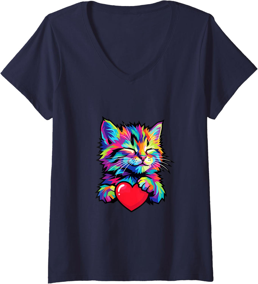 Women's Fluffy Rainbow Cat Hugging Red Heart Cute Kitten V-Neck T-Shirt - Navy Blue