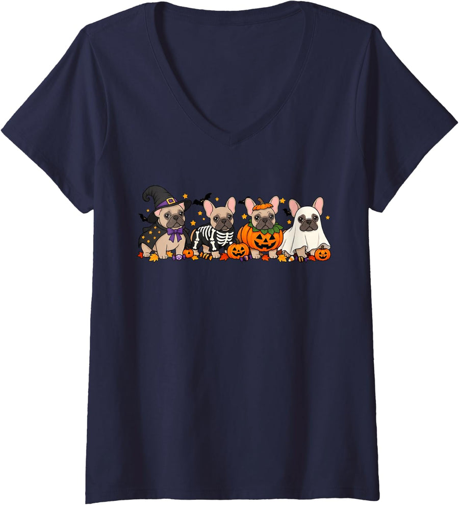 Women's French Bulldog Ghost Pumpkin Dog Lovers Halloween Costume V-Neck T-Shirt - Navy Blue
