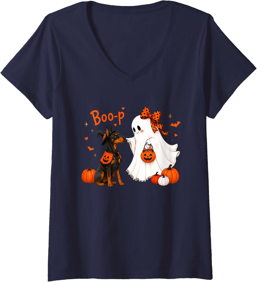 Women's Doberman Pinscher Boo Boo-p Ghost Nose Boop Halloween Dog V-Neck T-Shirt - Navy Blue
