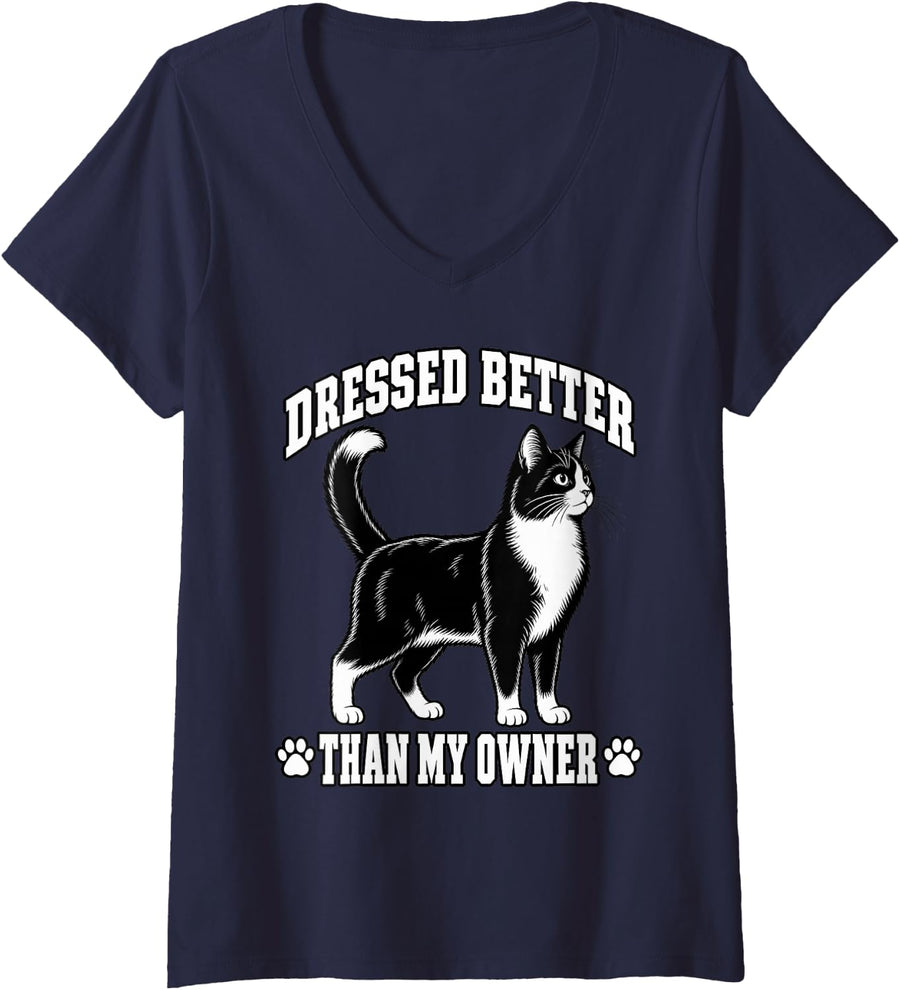 Women's Tuxedo Cat Dressed Better Than My Owner Mom Funny Owner V-Neck T-Shirt - Navy Blue